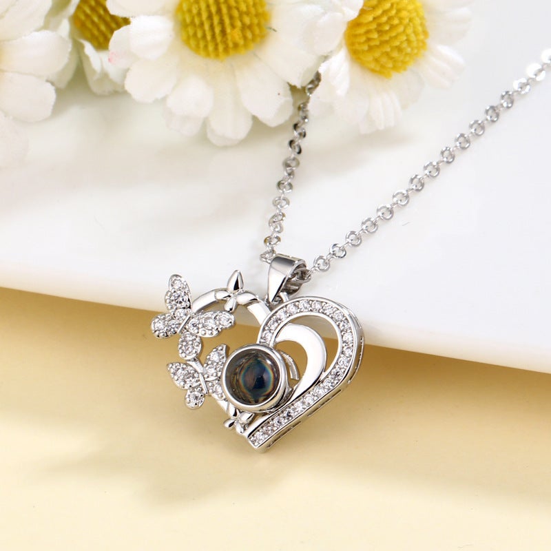 Popular Heart Butterfly Necklace For Women In 100 Languages ​​I Love You Color Picture Projection Customized Heart Clavicle Chain - Image 5